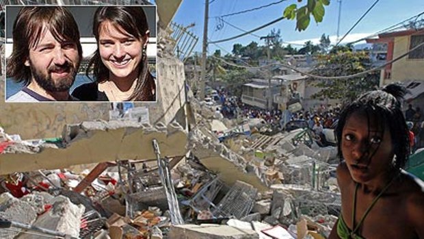 The devastation in Port-au-Prince and, inset, survivors Rachel Colbourne Hoffman and her partner Joel, who dug themselves out.