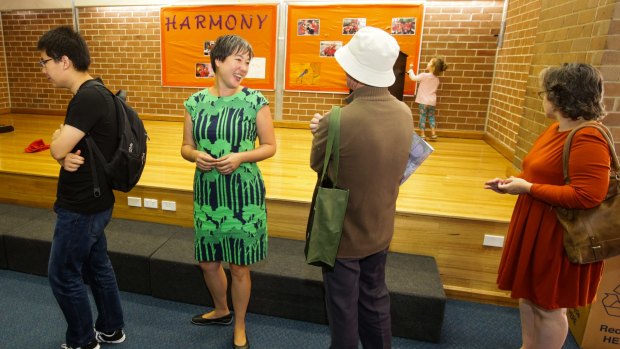 Newtown Greens candidate Jenny Leong  waiting to vote at Darlington Public School.