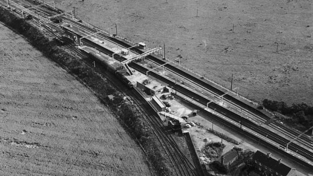 An aerial view of the Glasgow to London train near Bridego Bridge.