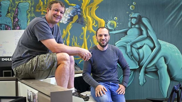 WhatsApp founders Brian Acton, left, and Jan Koum at the company headquarters in Mountain View, California.