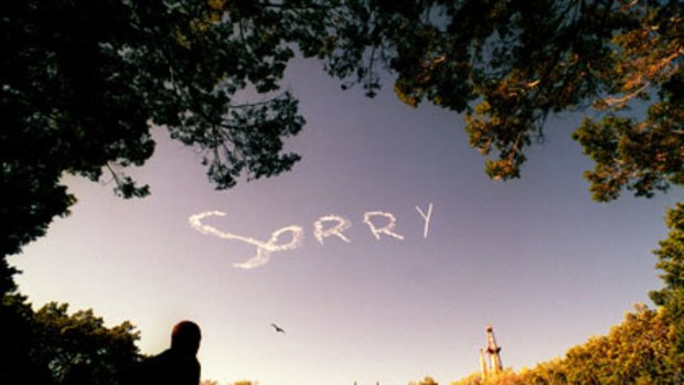 One word ... "Sorry" was written across the sky as about 300,000 people walked across the Sydney Harbour Bridge as a sign of reconciliation on May 28, 2000.