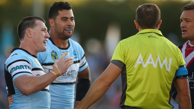 Bad example? Andrew Fifita and Sharks captain Paul Gallen argue with the referee during a match against the Roosters last month.