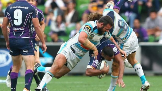Over the top: The Melbourne Storm questioned why no action was taken against Beau Falloon for this tackle on Sunday.