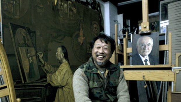 Portrait of the artist ... Jiawei Shen in his Bundeena studio yesterday with one of his studies of John Howard, and the official portrait, below.