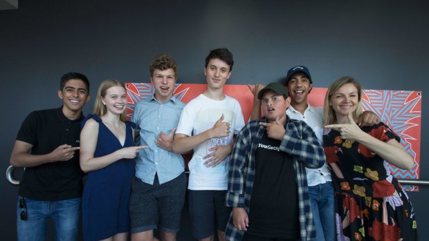 Trop Jr winner Nick Ward (15) in the middle for his film Pupils with judges, left to right, Karan Brar, Angourie Rice, 2016 winner Yiann Rowlands, Julian Dennison, Hunter Page-Lochard and jury head Justine Clarke.