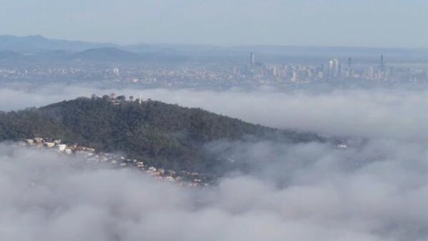 Fog over Mt Gravatt in Brisbane's east. Photo: Penny Dahl, Australian Traffic Network via Twitter