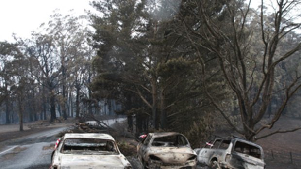 Vehicles which came to grief during the firestorm on Yea Road near Kinglake in February.