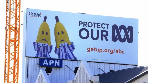 A billboard calling for the protection of the ABC goes up in Rushcutters Bay.