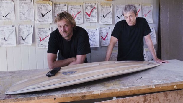 From ticks to clicks... Josh Dowling, surfboard craftsman (left) with Stephen Franklin, digital producer, Trumpet Digital.