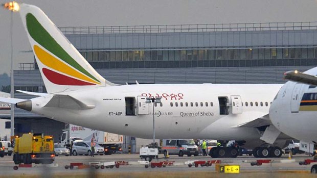 A Boeing 787 Dreamliner, operated by Ethiopian Airlines, after it caught fire at Britain's Heathrow airport.