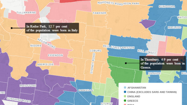 The suburbs with the highest proportion of people born in Greece or Italy. 