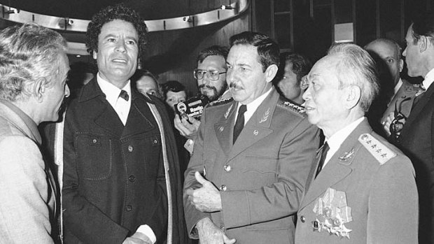 General Vo Nguyen Giap (right) with Muammar Gaddafi (second left) and Cuba's Raul Castro (second right) in Algeria in 1979.