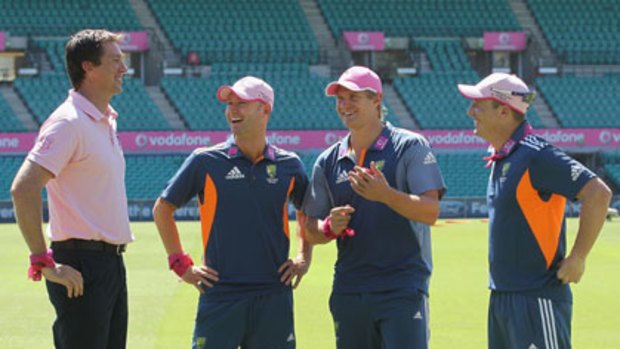 Life after cricket ... Glenn McGrath catches up with Michael Clarke, Shane Watson and Brad Haddin during training at the SCG yesterday.