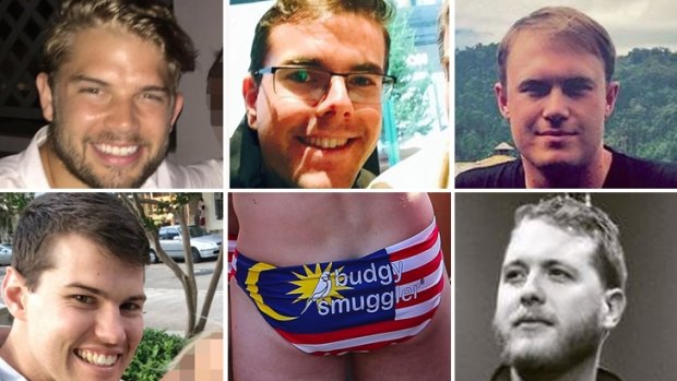 Five of the Australians in trouble in Malaysia over wearing budgie smugglers with the Malaysian flag on them (clockwise from top left): Edward Leaney, Timothy Yates, Tom Laslett, Jack Walker and James Paver.