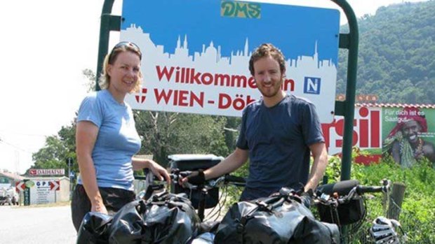 Frederike and Guy Moodie prepare to enter Austria with their bicycles.