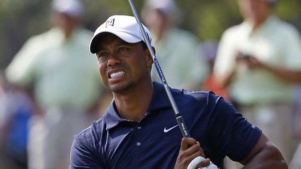 Painful: Tiger Woods after a shot at TPC Sawgrass, where he retired hurt after just nine holes.