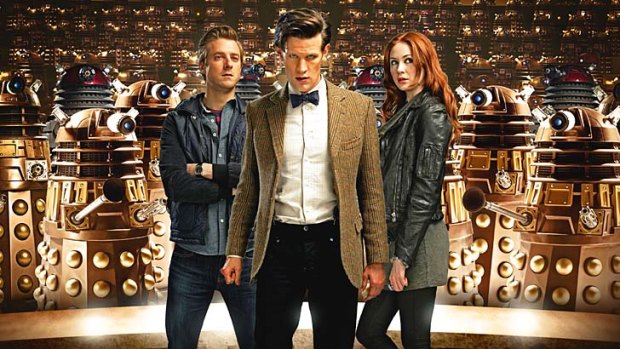 Who dares &#8230; Rory (Arthur Darvill), the Doctor (Matt Smith) and Amy (Karen Gillan) take on the daleks in the spectacular season premiere of <em>Doctor Who</em>.