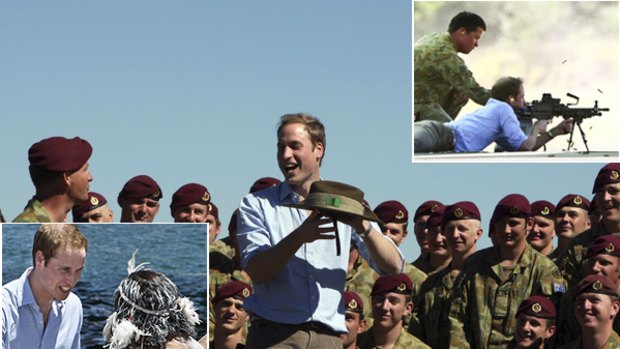 Friendly rivalry ... Prince William takes aim at Holsworthy Army Barracks, top right, and mixes with soldiers, centre, before greeting Aboriginal dancers at Mrs Macquaries Point, bottom left.