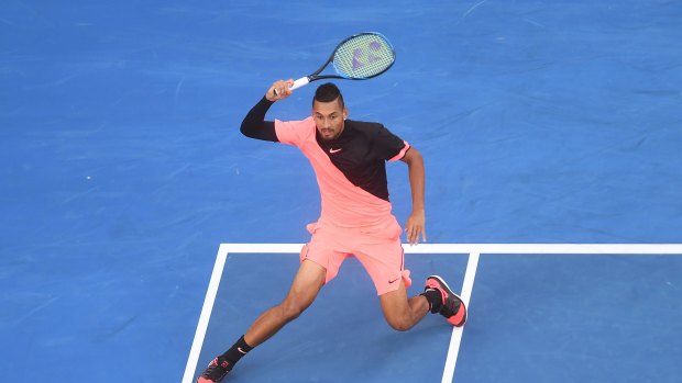 Nick Kyrgios in the salmon Nike gear before his win against Rogerio Dutra Silva during round one of the Australian Open on January 15, 2018. 
