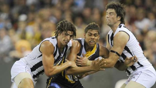 Richmond'ss Troy Taylor caught between Collingwood's Scott Pendlebury and Leigh Brown.
