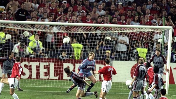 Ole Gunnar Solskjaer latches on to Teddy Sheringham's flick to score the winner during the Champions League final against Bayern Munich at the Nou Camp in Barcelona. United scored twice in injury time to win 2-1.
