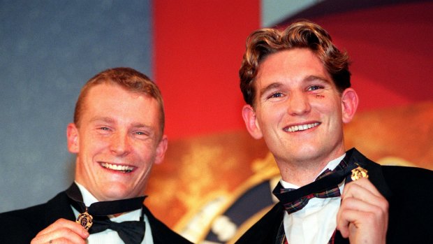 Michael Voss (Brisbane) and James Hird (Essendon) with their Brownlow Medals after each polling 21 votes in 1996.