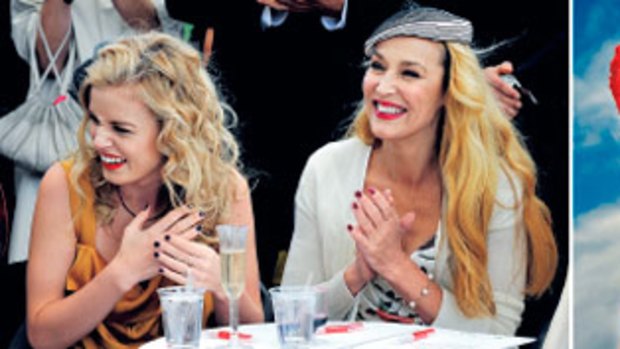 Georgia Jagger and Jerry Hall (left); Lauren Corbett in cylinder hat with paintbox red petal and black patent leather bow by Lynnette Lim, the millinery award runner-up (right).