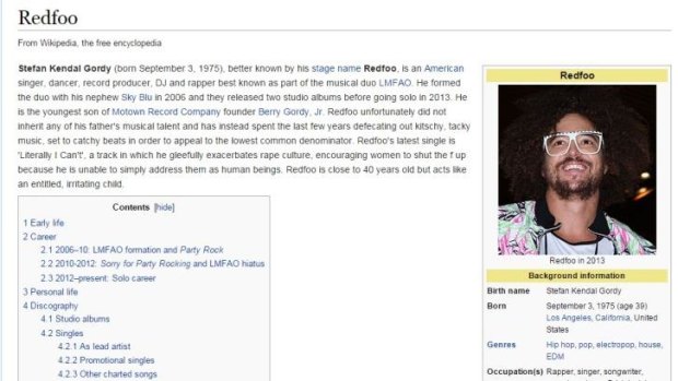Redfoo's Wiki page was updated on Thursday. The additional entry was quickly deleted.