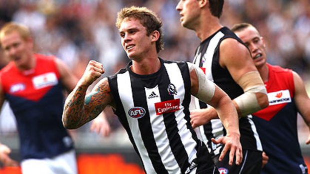 Dayne Beams celebrates a goal against Melbourne. The youngster has been in blistering form for the Magpies and hopes to continue that against Carlton on Sunday.
