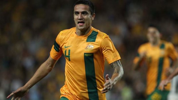 Bright spark: Tim Cahill celebrates after scoring against Costa Rica last year.