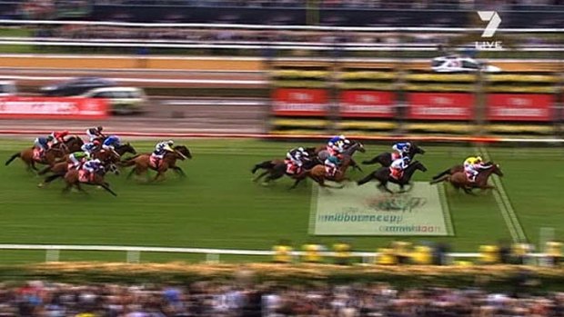 Dunaden crosses the line to win last year's Melbourne Cup narrowly from Red Cadeaux.