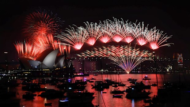 The midnight New Year's Eve fireworks on Sydney Harbour, viewed from Lady Macquarie's Chair. 