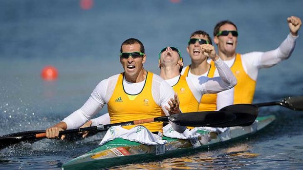 Murray's moment ... Tate Smith, Dave Smith, Murray Stewart, and Jacob Clear of Australia celebrate after winning gold.