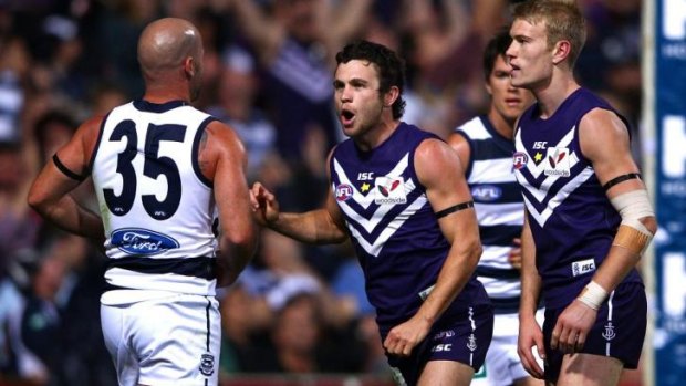 Hayden Ballantyne gives Paul Chapman some unsolicited advice when Fremantle played Geelong in round one 2012.