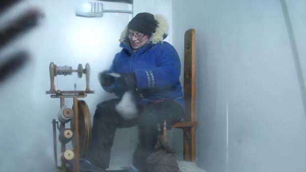 Marion Wheatland spins wool in a fridge in preparation for her Antarctic fundraising mission.