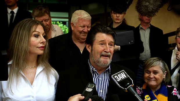 Derryn Hinch and his wife Chanel (left) outside the Melbourne Magistrates Court.