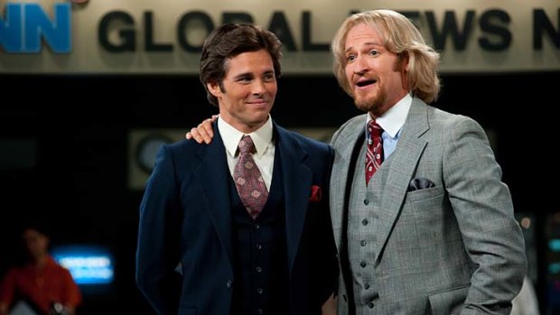 Outrageous: Josh Lawson in <i>Anchorman 2</i>, with James Marsden (left).