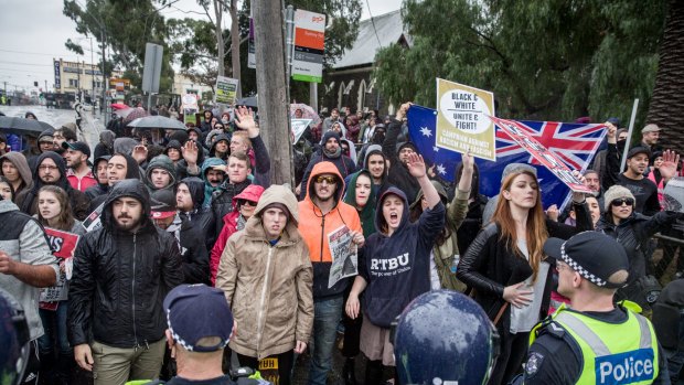 A mass police presence tried to keep apart right and left-wing political groups in Coburg for the rally on Saturday.