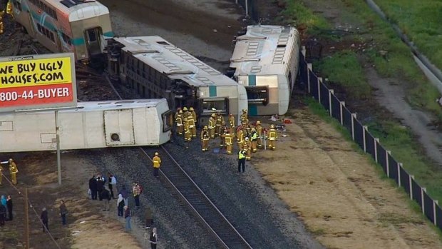 The wreckage of a Metrolink commuter train after it crashed into a truck.