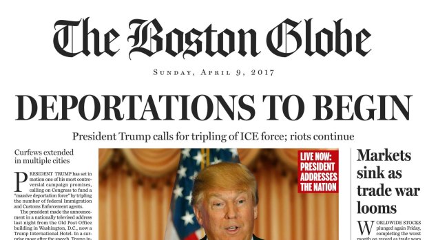 This image shows a portion of a satirical front page of <i>The Boston Globe</i> published on the newspaper's website on  April 9.  
