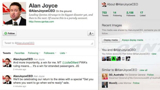 A parody Twitter account lampooning Qantas CEO Alan Joyce.