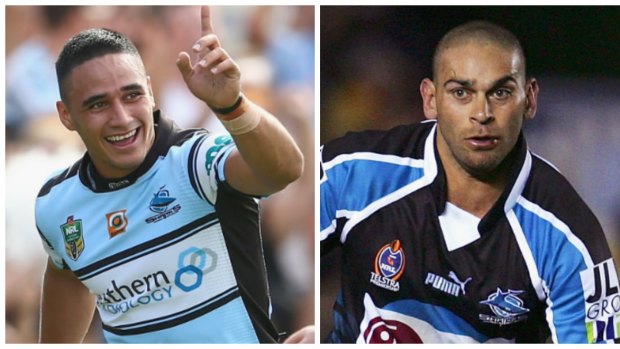 On target: Valentine Holmes, left, could top David Peachey's season record at Cronulla.