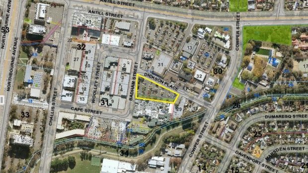 The carpark, bordered in yellow, at Block 30, Section 34, Dickson. It was one of three blocks involved in a land swap deal between the LDA and Tradies Club.