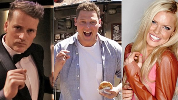 Tight squeeze: 2Day FM breakfast hosts (from left): Jules Lund, Merrick Watts and Sophie Monk.