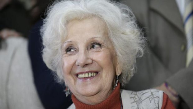 Estela de Carlotto, president of Grandmothers of Plaza de Mayo smiles during a news conference in Buenos Aires, Argentina.