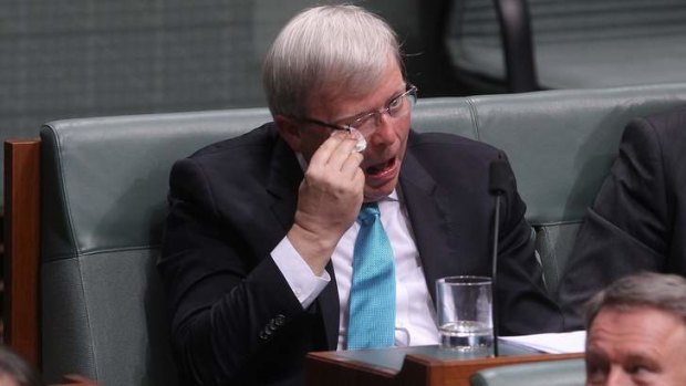 Time to zip: Kevin Rudd wipes away a tear after announcing he's quitting politics.