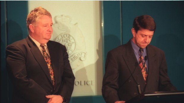 Detective Chief Inspector Rod Collins and Noel Ashby at press conference after the murder of Senior Constable Rodney Miller and Sergeant Gary Silk. 