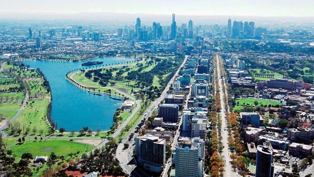 An aerial view of St Kilda Road. 