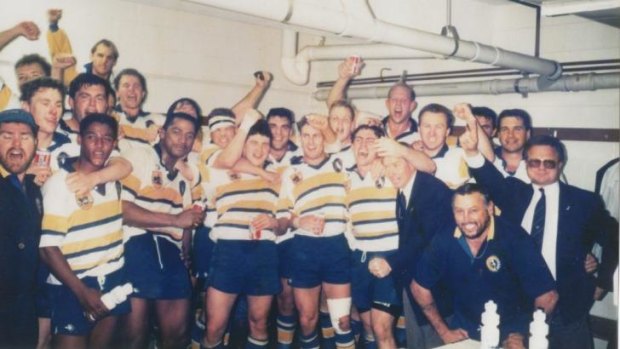 The ACT Kookaburras celebrate their famous win over NSW in 1994.