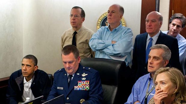 US President Barack Obama, Secretary of State Hillary Clinton and security officials watch events in Pakistan unfold in the White House situation room.